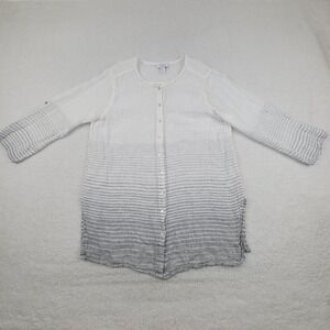 Kenar‎ Linen Button Up Tunic Shirt Womens Large L White Gray Stripes 3/4 Roll Up